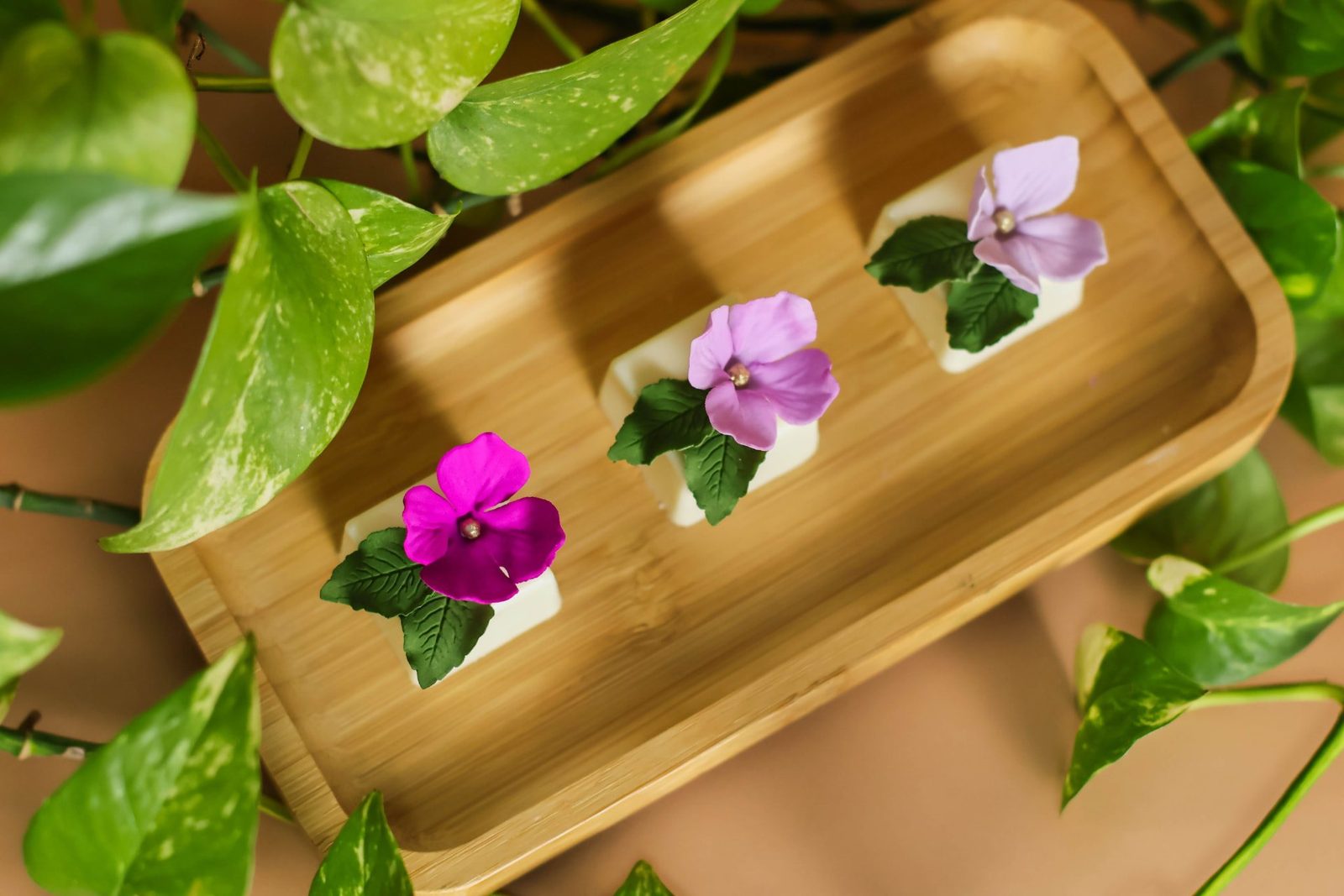 Doces finos com violetas de açúcar
