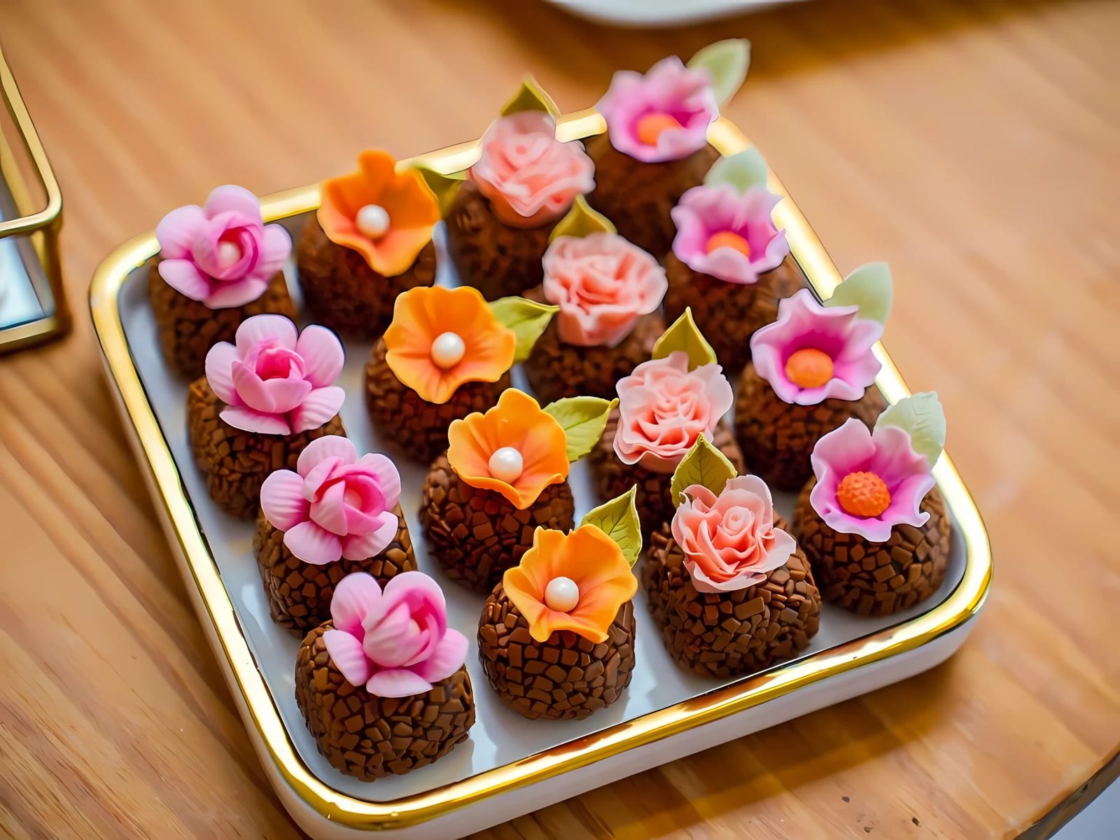 Brigadeiros de chocolate com flores de açúcar rosa e laranja em bandeja dourada