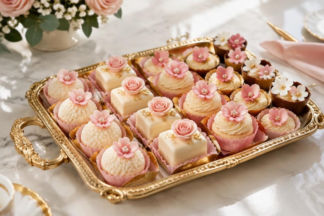 Bandeja dourada com doces finos decorados com flores de açúcar rosas