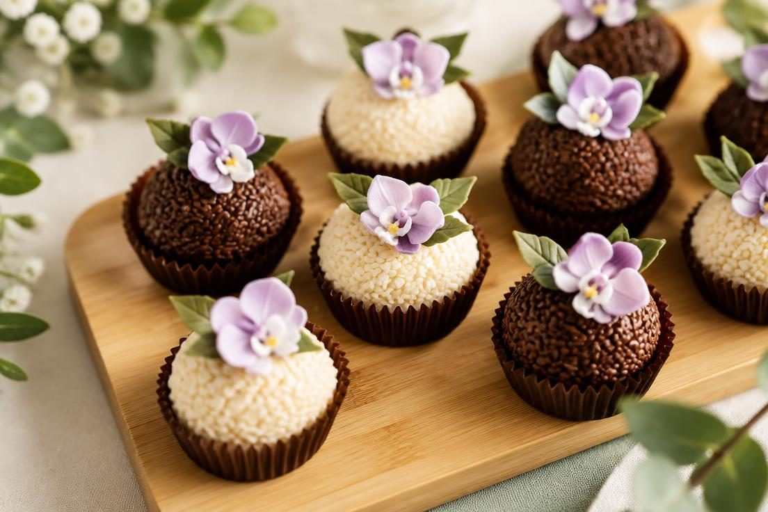 Brigadeiros gourmet decorados com orquídeas de açúcar lilás em tábua de bambu